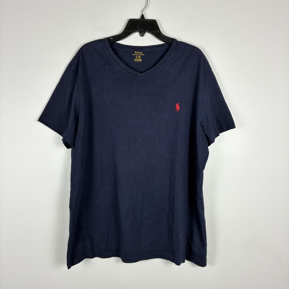 Polo Ralph Lauren Mens Sz L Navy V Neck T Shirt Pony Logo Cotton Short Sleeve